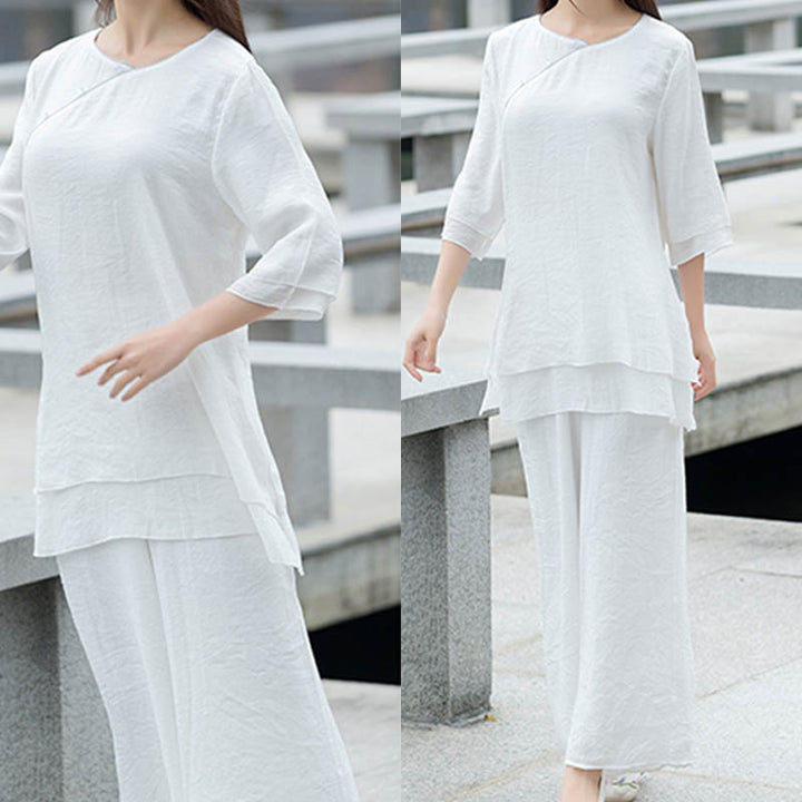 Conjunto de ropa de lino y algodón para mujer, pantalón superior blanco, diseño Simple, Buddha Stones , meditación, Yoga, Zen, Tai Chi, 2 uds. - image 2