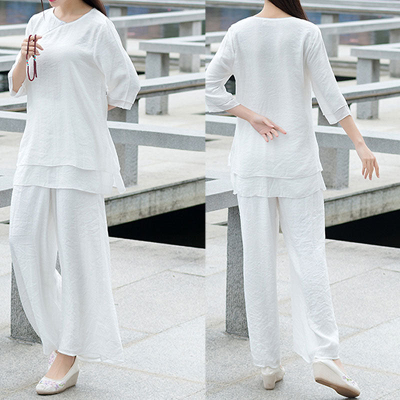 Conjunto de ropa de lino y algodón para mujer, pantalón superior blanco, diseño Simple, Buddha Stones , meditación, Yoga, Zen, Tai Chi, 2 uds. - image 3