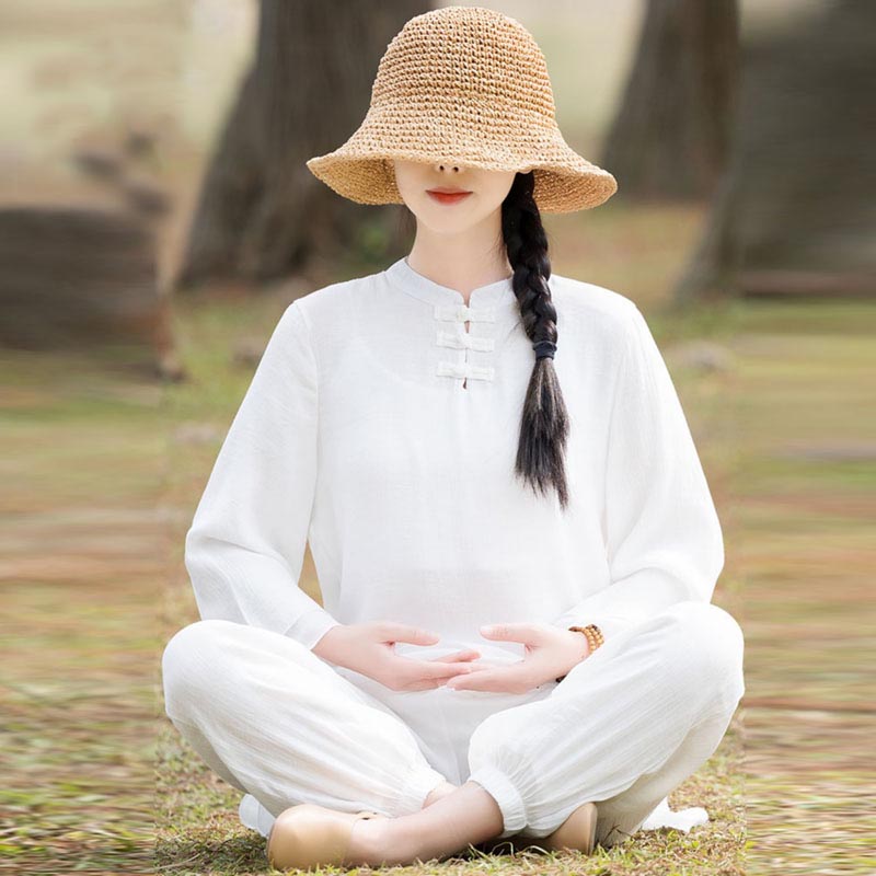 Conjunto de 2 piezas de ropa de lino y algodón con Buddha Stones para mujer, pantalones superiores con diseño liso, meditación, Yoga, Zen, Tai Chi - Botón de rana china frontal blanco (parte superior y pantalones) - US8-10，UK/AU12-14，EU40-42 (2XL) - image 16