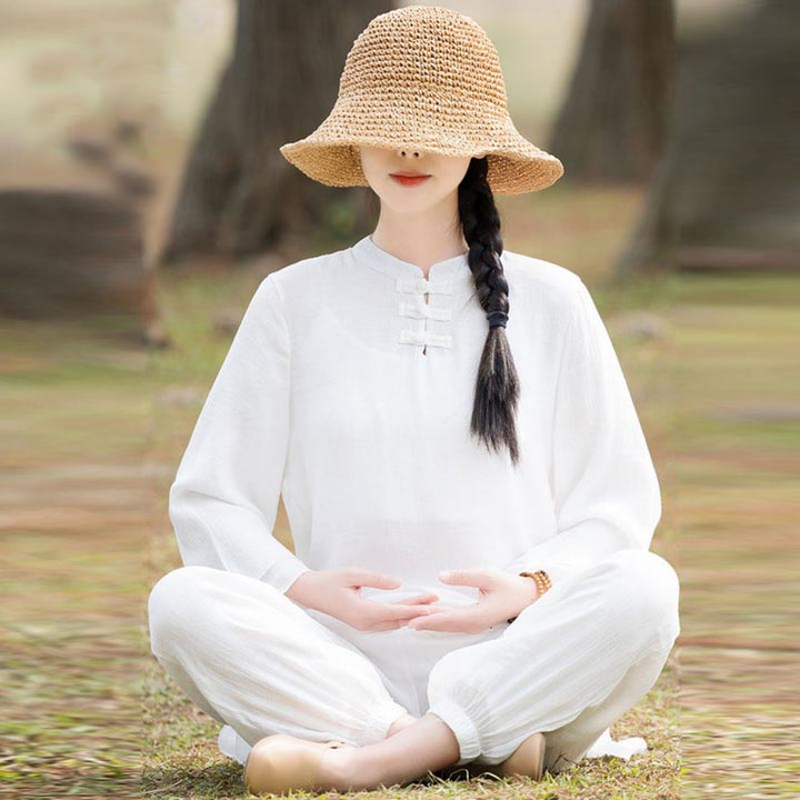 Conjunto de 2 piezas de ropa de lino y algodón con Buddha Stones para mujer, pantalones superiores con diseño liso, meditación, Yoga, Zen, Tai Chi - Botón de rana china frontal blanco (parte superior y pantalones) - US8-10，UK/AU12-14，EU40-42 (2XL) - image 16