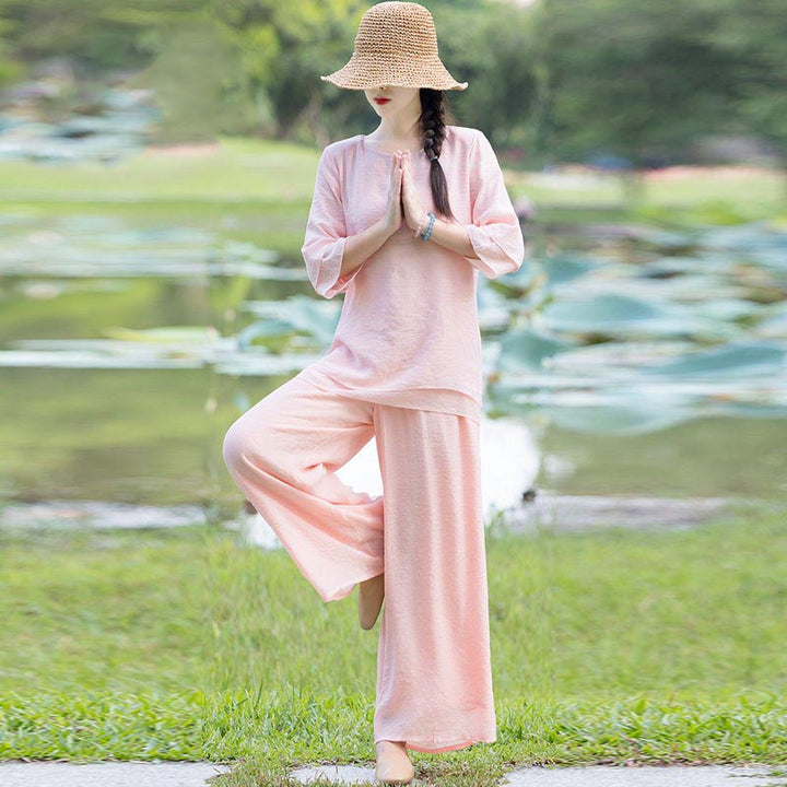 Conjunto de 2 piezas de ropa de lino y algodón con Buddha Stones para mujer, pantalones superiores con diseño liso, meditación, Yoga, Zen, Tai Chi - Rosa (Top y pantalones) - US8-10，UK/AU12-14，EU40-42 (2XL) - image 23