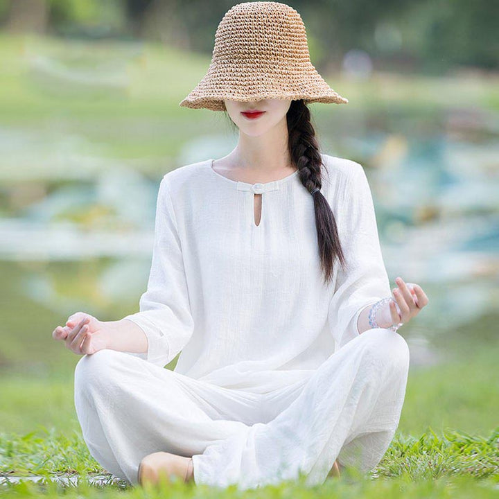 Conjunto de 2 piezas de ropa de lino y algodón con Buddha Stones para mujer, pantalones superiores con diseño liso, meditación, Yoga, Zen, Tai Chi - Blanco (Top y pantalones) - US8-10，UK/AU12-14，EU40-42 (2XL) - image 24