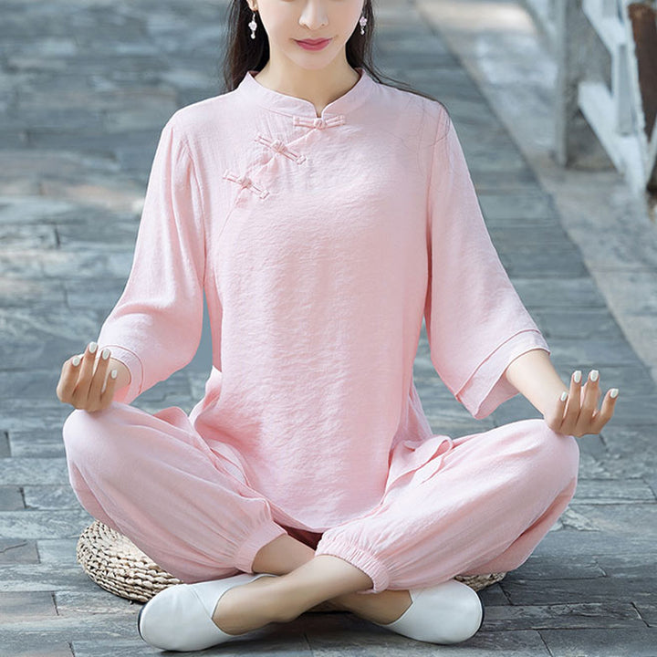 Conjunto de 2 piezas de ropa de lino y algodón con Buddha Stones para mujer, pantalones superiores con diseño liso, meditación, Yoga, Zen, Tai Chi - Botón de rana china rosa (top y pantalón) - US8-10，UK/AU12-14，EU40-42 (2XL) - image 26