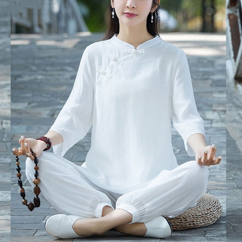 Conjunto de 2 piezas de ropa de lino y algodón con Buddha Stones para mujer, pantalones superiores con diseño liso, meditación, Yoga, Zen, Tai Chi - Botón de rana china blanca (top y pantalones) - US8-10，UK/AU12-14，EU40-42 (2XL) - image 25