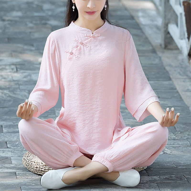 Conjunto de 2 piezas de ropa de lino y algodón con Buddha Stones para mujer, pantalones superiores con diseño liso, meditación, Yoga, Zen, Tai Chi - Botón de rana china rosa (Top y pantalón) - US8-10，UK/AU12-14，EU40-42 (2XL) - image 26