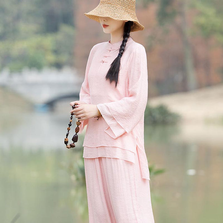 Conjunto de 2 piezas de ropa de lino y algodón con Buddha Stones para mujer, pantalones superiores con diseño liso, meditación, Yoga, Zen, Tai Chi - image 2