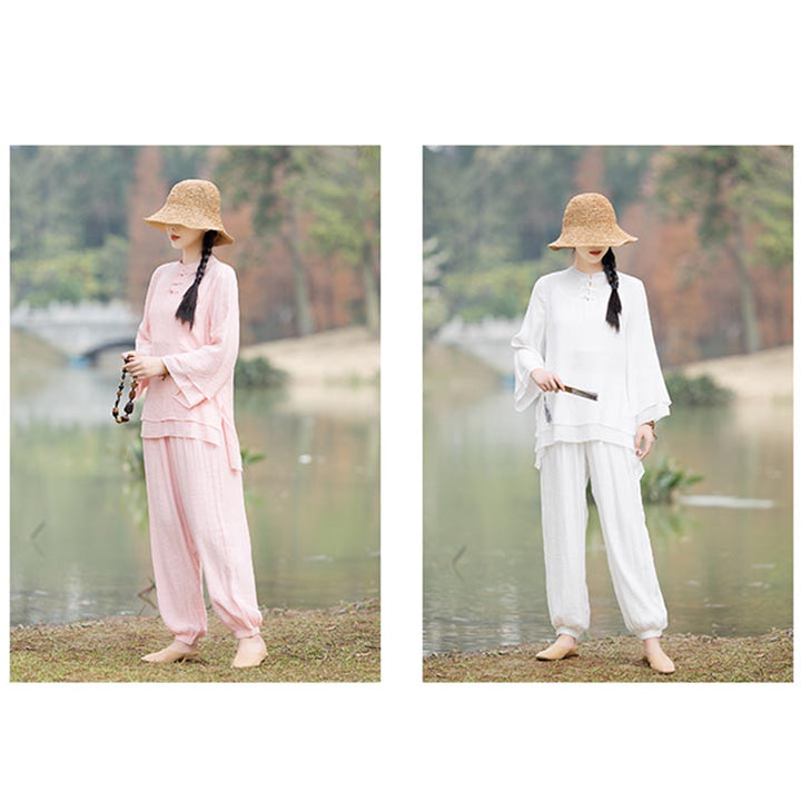 Conjunto de 2 piezas de ropa de lino y algodón con Buddha Stones para mujer, pantalones superiores con diseño liso, meditación, Yoga, Zen, Tai Chi - image 22