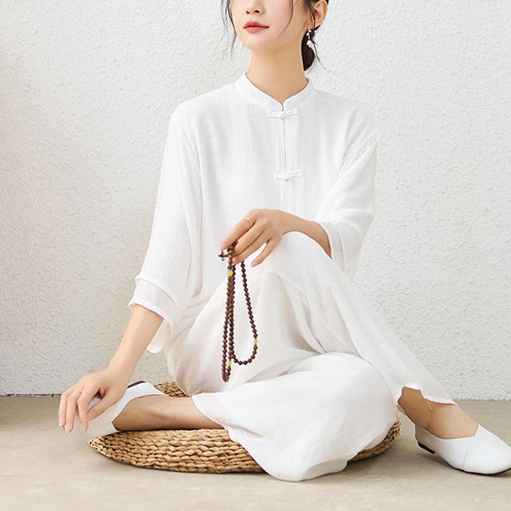 Conjunto de ropa de algodón para mujer, pantalones superiores con diseño de botones de rana china Simple, Buddha Stones , meditación, Yoga, Zen, Tai Chi, 2 uds. - Blanco (Top y pantalones) - US12, UK/AU16, EU44 (2XL) - image 8