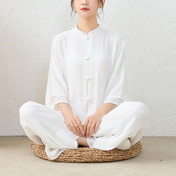 Conjunto de ropa de algodón para mujer, pantalones superiores con diseño de botones de rana china Simple, Buddha Stones , meditación, Yoga, Zen, Tai Chi, 2 uds. - image 9