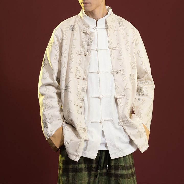 Ropa de caligrafía china con Buddha Stones, chaqueta, abrigo, traje Tang, ropa para hombre