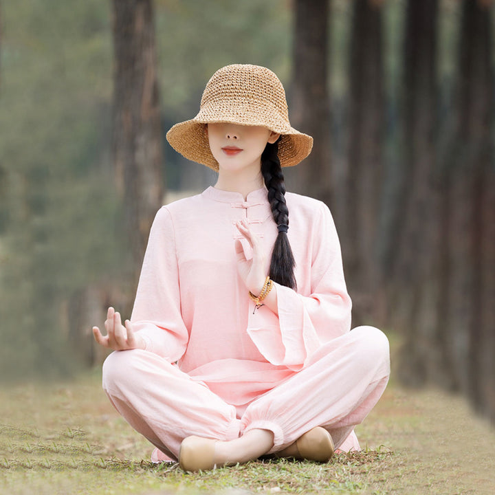 Conjunto de 2 piezas de ropa de lino y algodón con Buddha Stones para mujer, pantalones superiores con diseño liso, meditación, Yoga, Zen, Tai Chi - Botón frontal de rana china rosa (top y pantalones) - US8-10，UK/AU12-14，EU40-42 (2XL) - image 0