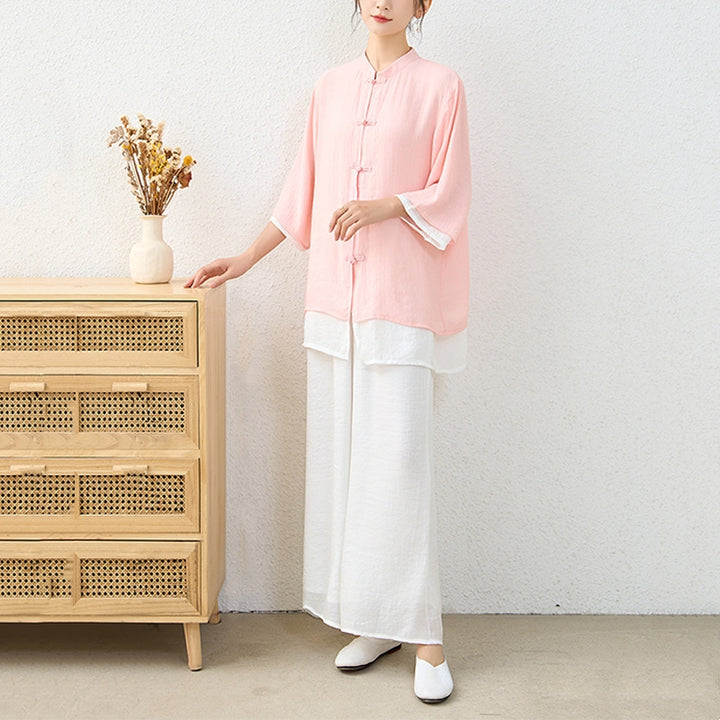 Conjunto de ropa de algodón para mujer, pantalones superiores con diseño de botones de rana china Simple, Buddha Stones , meditación, Yoga, Zen, Tai Chi, 2 uds. - image 5