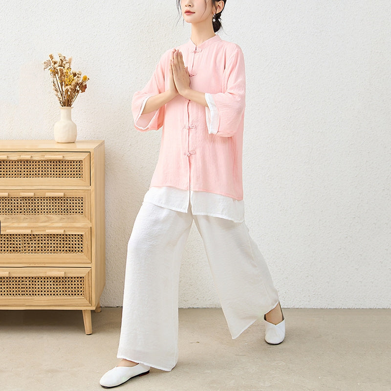 Conjunto de ropa de algodón para mujer, pantalones superiores con diseño de botones de rana china Simple, Buddha Stones , meditación, Yoga, Zen, Tai Chi, 2 uds. - image 4