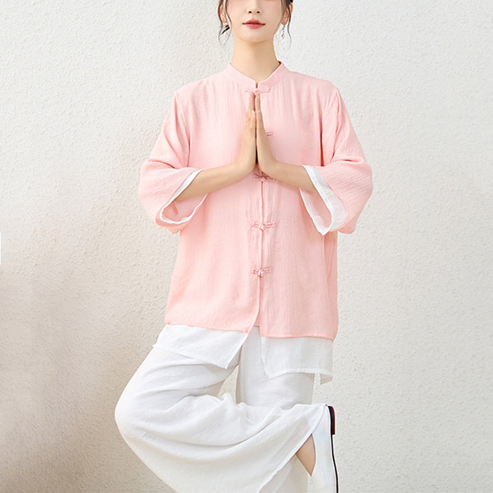 Conjunto de ropa de algodón para mujer, pantalones superiores con diseño de botones de rana china Simple, Buddha Stones , meditación, Yoga, Zen, Tai Chi, 2 uds. - image 3