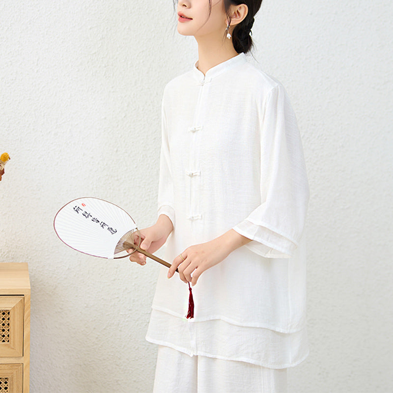 Conjunto de ropa de algodón para mujer, pantalones superiores con diseño de botones de rana china Simple, Buddha Stones , meditación, Yoga, Zen, Tai Chi, 2 uds. - image 16