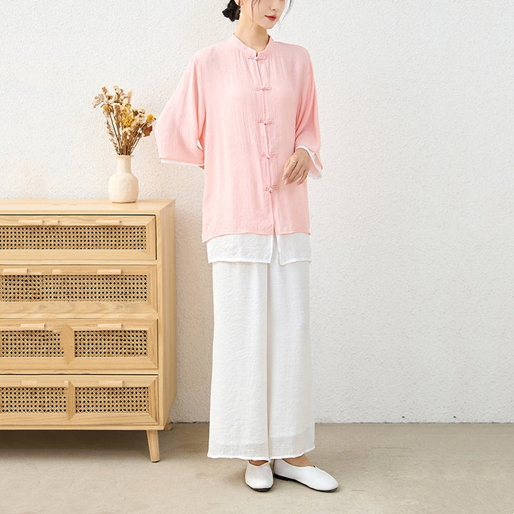 Conjunto de ropa de algodón para mujer, pantalones superiores con diseño de botones de rana china Simple, Buddha Stones , meditación, Yoga, Zen, Tai Chi, 2 uds. - image 6