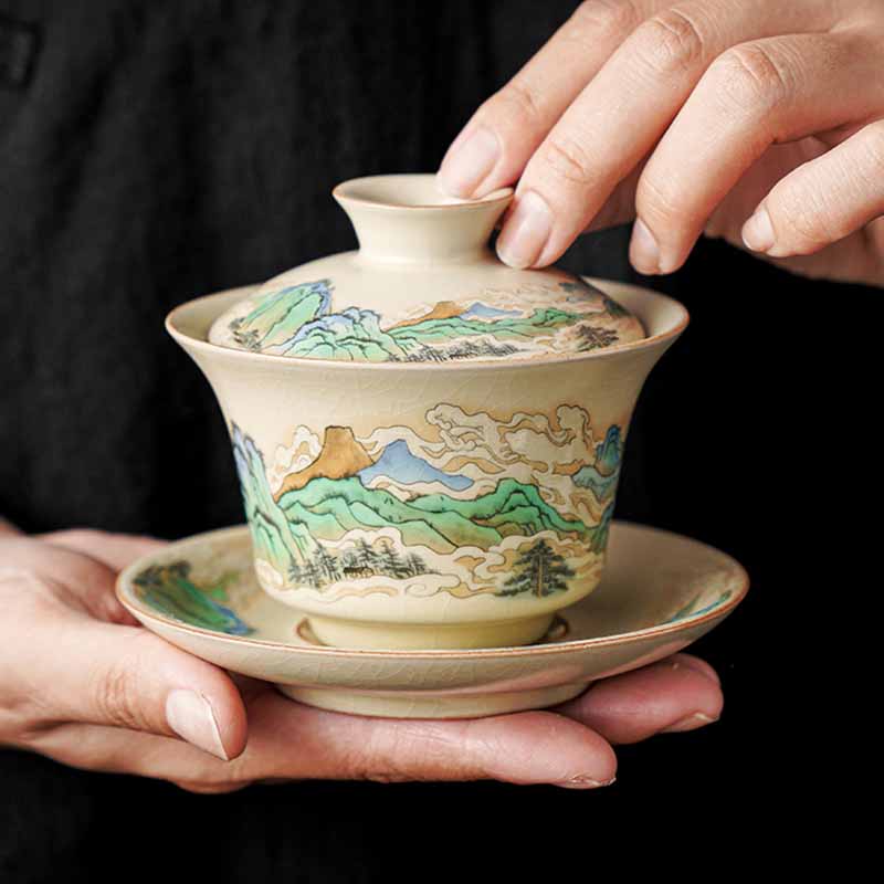 Buddha Stones, un panorama de ríos y montañas, flores, taza de té de cerámica Gaiwan Sancai, taza de té de Kung Fu y platillo con tapa - Un panorama de ríos y montañas 12cm*9cm*100ml - image 0