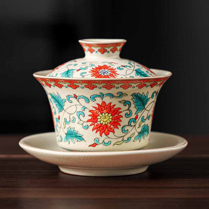 Buddha Stones, un panorama de ríos y montañas, flores, taza de té de cerámica Gaiwan Sancai, taza de té de Kung Fu y platillo con tapa - Flor 12cm*9cm*100ml - image 8