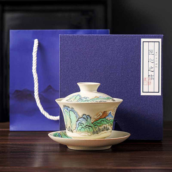 Buddha Stones, un panorama de ríos y montañas, flores, taza de té de cerámica Gaiwan Sancai, taza de té de Kung Fu y platillo con tapa - Panorama de ríos y montañas 12 cm x 9 cm x 100 ml con caja de regalo - image 9