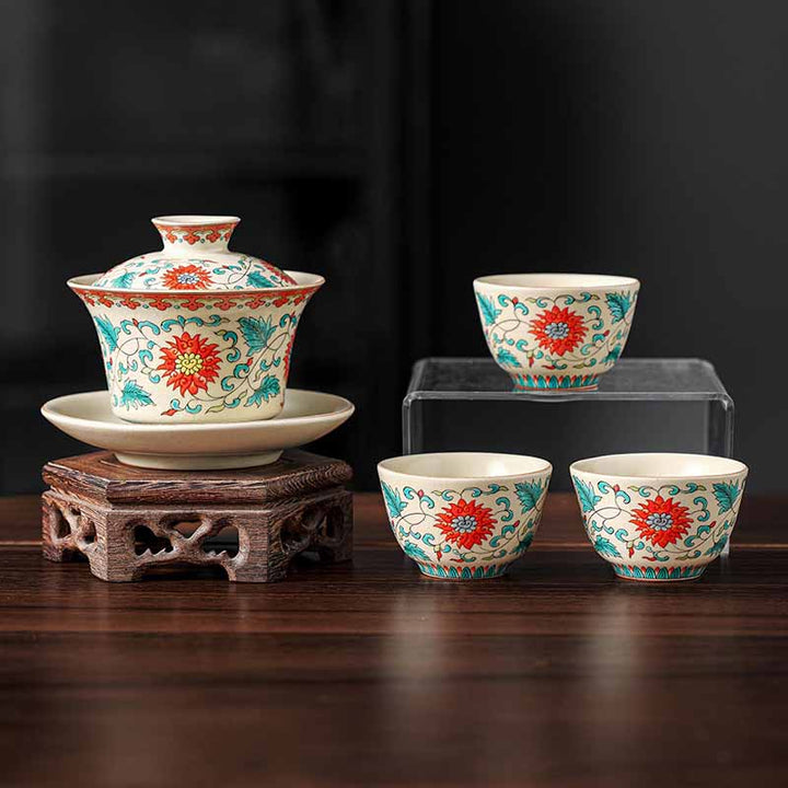 Buddha Stones, un panorama de ríos y montañas, flores, taza de té de cerámica Gaiwan Sancai, taza de té de Kung Fu y platillo con tapa - 4 piezas de flores (1 pieza de 12 cm x 9 cm x 100 ml y 3 piezas de 6,5 x 4 cm x 40 ml) - image 14
