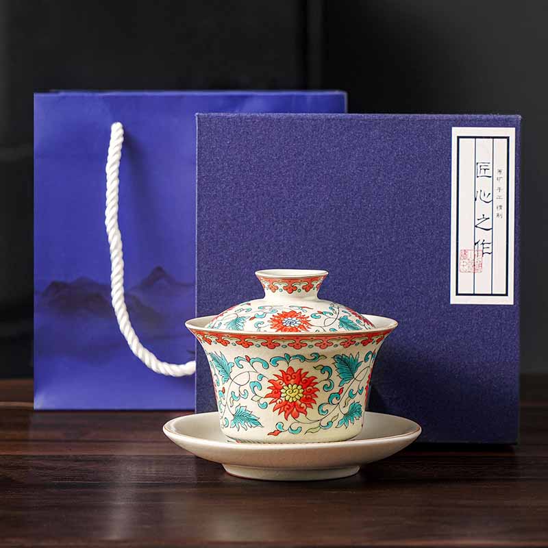 Buddha Stones, un panorama de ríos y montañas, flores, taza de té de cerámica Gaiwan Sancai, taza de té de Kung Fu y platillo con tapa - Flor 12cm*9cm*100ml con caja de regalo - image 12