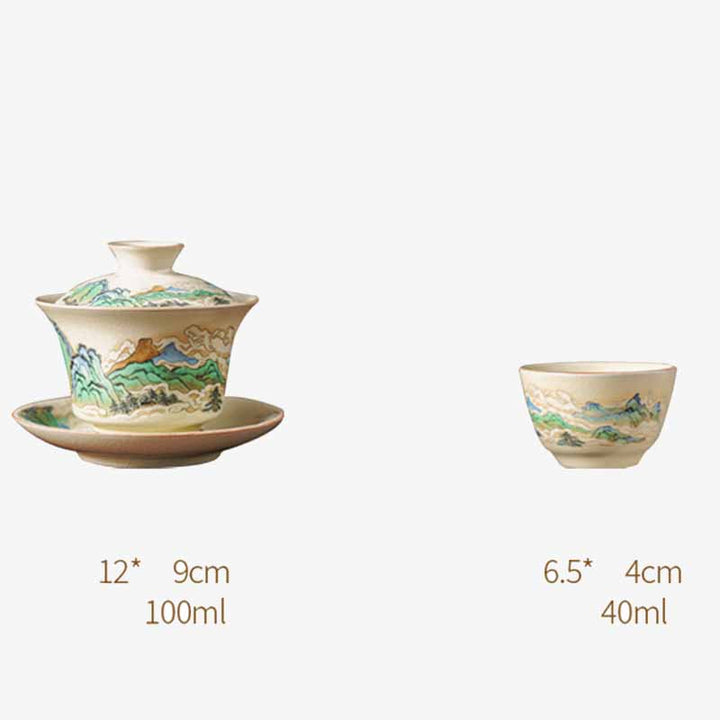 Buddha Stones, un panorama de ríos y montañas, flores, taza de té de cerámica Gaiwan Sancai, taza de té de Kung Fu y platillo con tapa - image 7