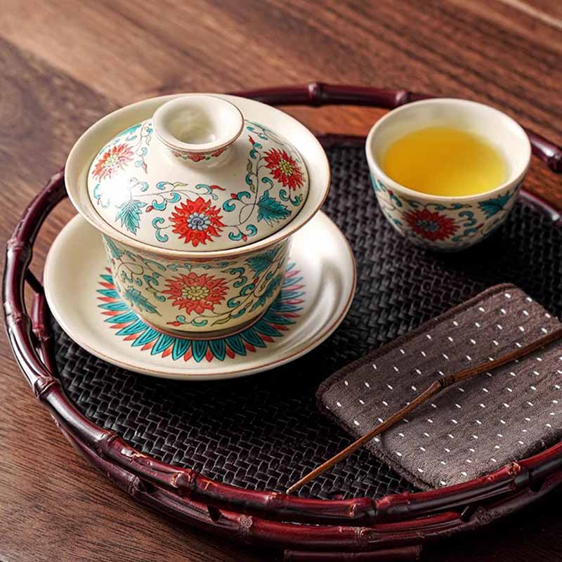 Buddha Stones, un panorama de ríos y montañas, flores, taza de té de cerámica Gaiwan Sancai, taza de té de Kung Fu y platillo con tapa - image 15