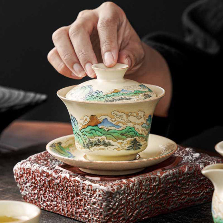 Buddha Stones, un panorama de ríos y montañas, flores, taza de té de cerámica Gaiwan Sancai, taza de té de Kung Fu y platillo con tapa - image 3
