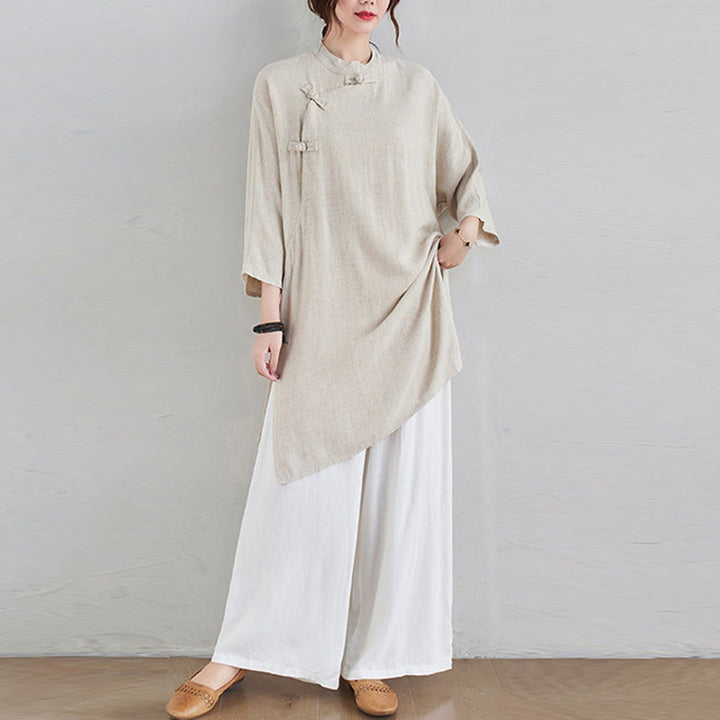 Conjunto de 2 piezas de ropa de meditación Zen Tai Chi con diseño liso de Buddha Stones, pantalones superiores de lino y algodón para mujer - Top beige y pantalones blancos - US12, UK/AU16, EU44 (2XL) - image 0