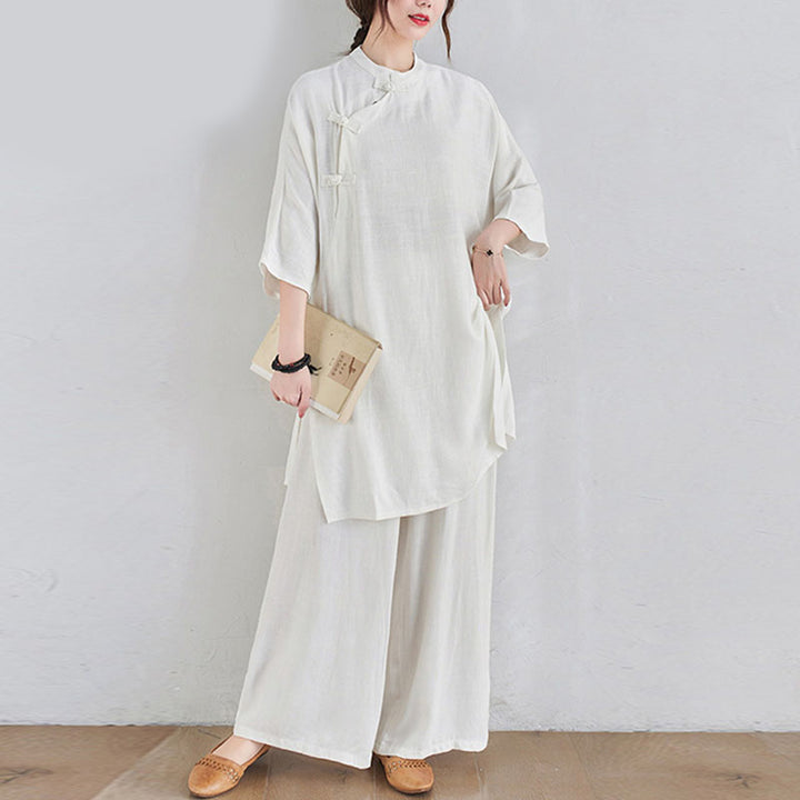 Conjunto de 2 piezas de ropa de meditación Zen Tai Chi con diseño liso de Buddha Stones, pantalones superiores de lino y algodón para mujer - Blanco (Top y pantalones) - US12, UK/AU16, EU44 (2XL) - image 13