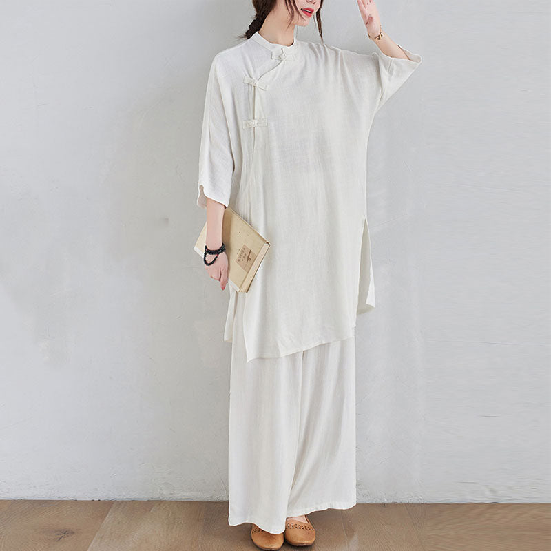 Conjunto de 2 piezas de ropa de meditación Zen Tai Chi con diseño liso de Buddha Stones, pantalones superiores de lino y algodón para mujer - image 16