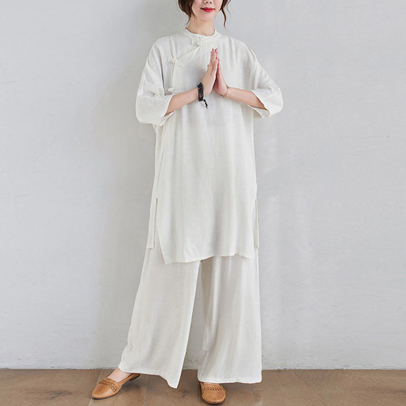 Conjunto de 2 piezas de ropa de meditación Zen Tai Chi con diseño liso de Buddha Stones, pantalones superiores de lino y algodón para mujer - image 15