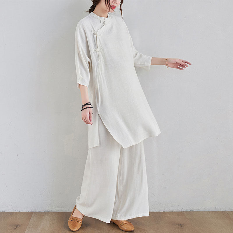 Conjunto de 2 piezas de ropa de meditación Zen Tai Chi con diseño liso de Buddha Stones, pantalones superiores de lino y algodón para mujer - image 14