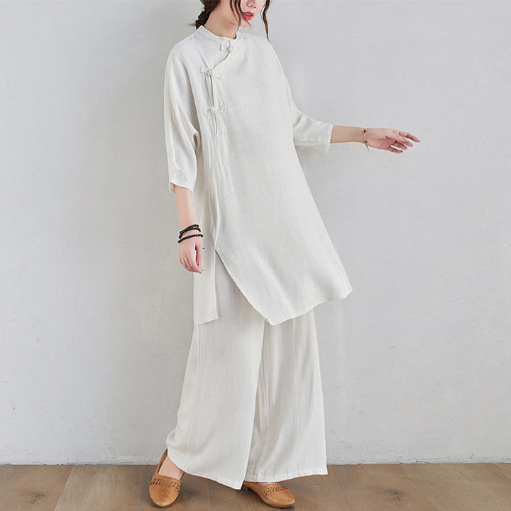 Conjunto de 2 piezas de ropa de meditación Zen Tai Chi con diseño liso de Buddha Stones, pantalones superiores de lino y algodón para mujer - image 14
