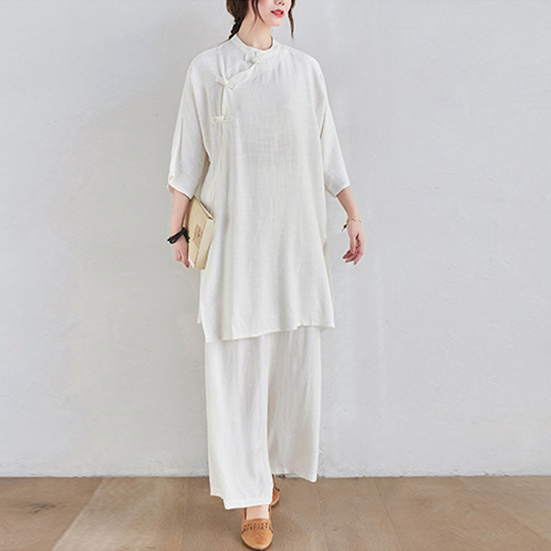 Conjunto de 2 piezas de ropa de meditación Zen Tai Chi con diseño liso de Buddha Stones, pantalones superiores de lino y algodón para mujer - image 17