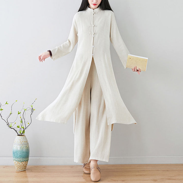 Conjunto de 2 uds de Buddha Stones con diseño de botones de rana china, ropa de meditación Zen Tai Chi, pantalones superiores de lino y algodón para mujer - image 1