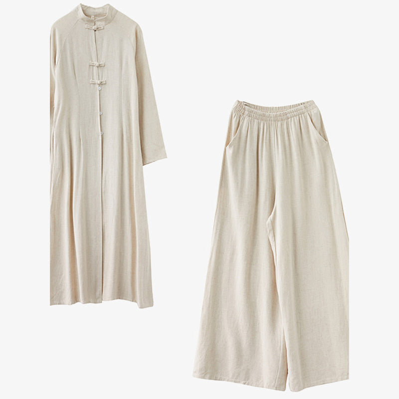 Conjunto de dos Buddha Stones de top y pantalón para mujer con diseño de botones de rana china y estilo zen tai chi, ideal para meditación. - image 4