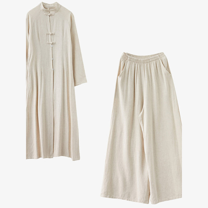 Conjunto de dos Buddha Stones de top y pantalón para mujer con diseño de botones de rana china y estilo zen tai chi, ideal para meditación. - image 4