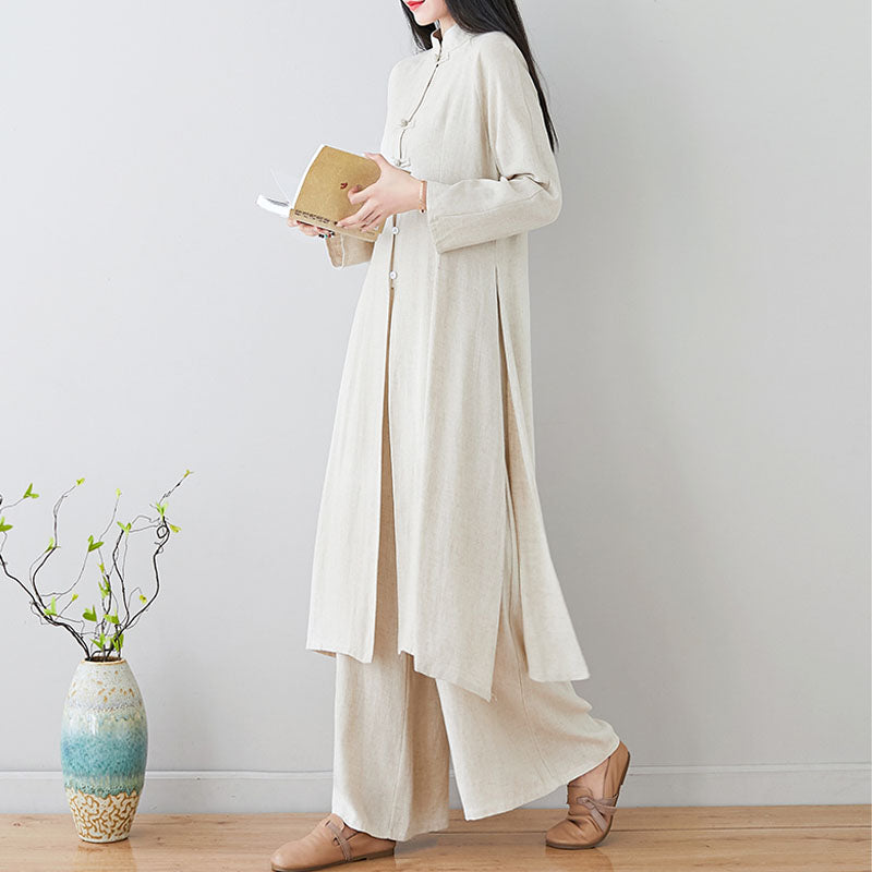Conjunto de dos Buddha Stones de top y pantalón para mujer con diseño de botones de rana china y estilo zen tai chi, ideal para meditación. - image 19