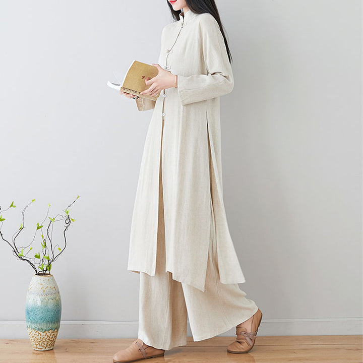Conjunto de dos Buddha Stones de top y pantalón para mujer con diseño de botones de rana china y estilo zen tai chi, ideal para meditación. - image 19