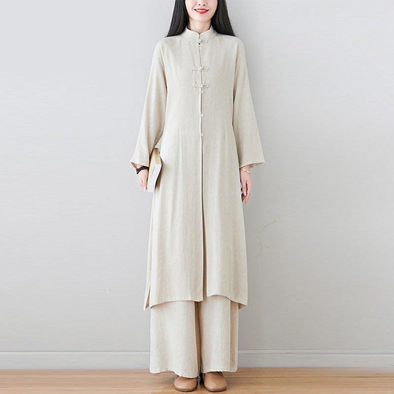 Conjunto de dos Buddha Stones de top y pantalón para mujer con diseño de botones de rana china y estilo zen tai chi, ideal para meditación. - image 2