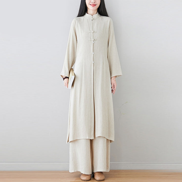 Conjunto de dos Buddha Stones de top y pantalón para mujer con diseño de botones de rana china y estilo zen tai chi, ideal para meditación. - image 2
