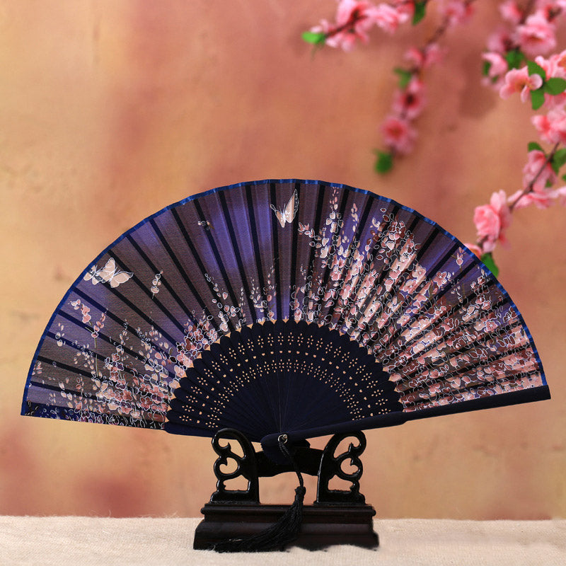 Abanico plegable de bambú con Buddha Stones, flor de cerezo, lirio, mariposa, bambú, 21cm - Mariposa azul Flor de cerezo 21 cm - image 1