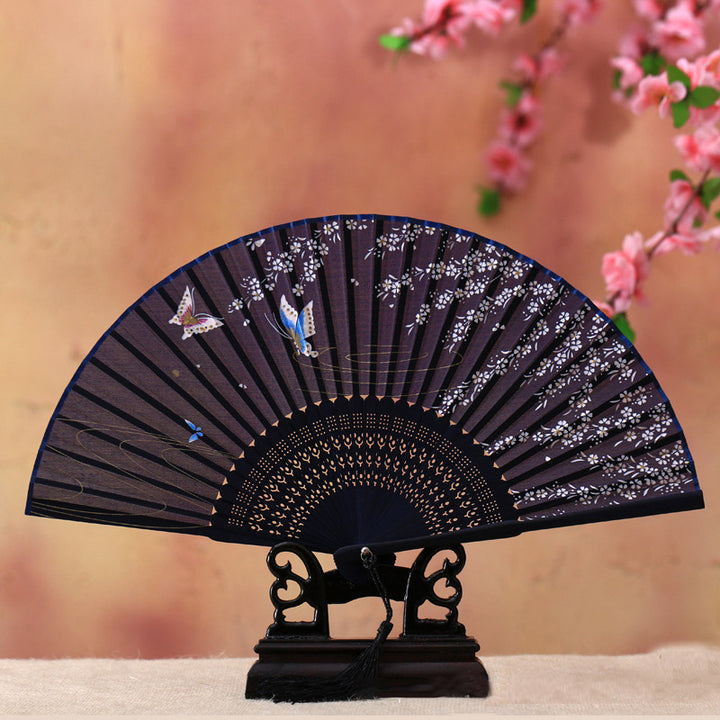 Abanico plegable de bambú con Buddha Stones, flor de cerezo, lirio, mariposa, bambú, 21cm - Mariposa de flor de cerezo 21 cm - image 0