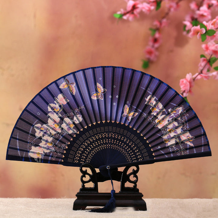 Abanico plegable de bambú con Buddha Stones, flor de cerezo, lirio, mariposa, bambú, 21cm - Mariposa grande azul de 21 cm - image 2