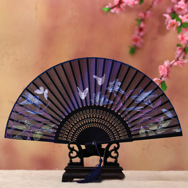 Abanico plegable de bambú con Buddha Stones, flor de cerezo, lirio, mariposa, bambú, 21cm - Lirio mariposa azul de 21 cm - image 4