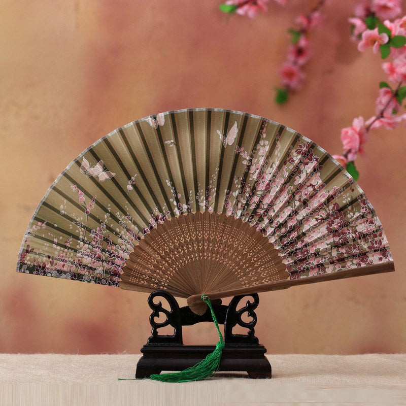 Abanico plegable de bambú con Buddha Stones, flor de cerezo, lirio, mariposa, bambú, 21cm - Mariposa verde claro en flor de cerezo, 21 cm - image 5