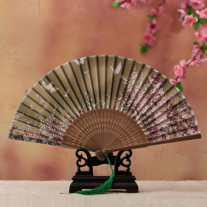 Abanico plegable de bambú con Buddha Stones, flor de cerezo, lirio, mariposa, bambú, 21cm - Mariposa verde claro en flor de cerezo, 21 cm - image 5
