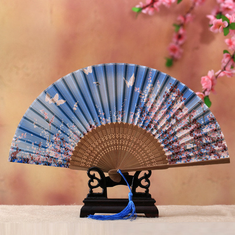 Abanico plegable de bambú con Buddha Stones, flor de cerezo, lirio, mariposa, bambú, 21cm - Mariposa azul cielo flor de cerezo 21 cm - image 6