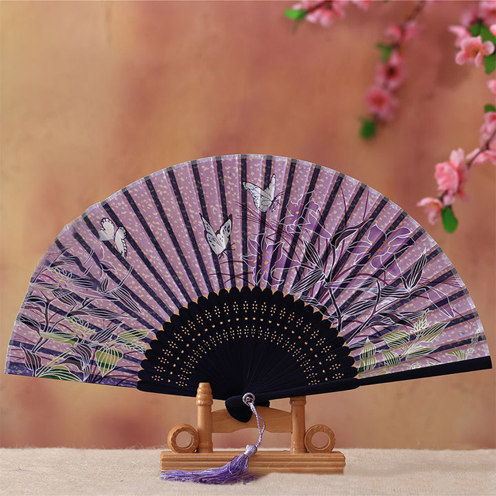 Abanico plegable de bambú con Buddha Stones, flor de cerezo, lirio, mariposa, bambú, 21cm - Lirio mariposa morado de 21 cm - image 7